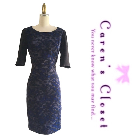 Tahari Black & Blue Modern Print Stretch knit Sheath Dress w/ Black Side Panels - Picture 3 of 6